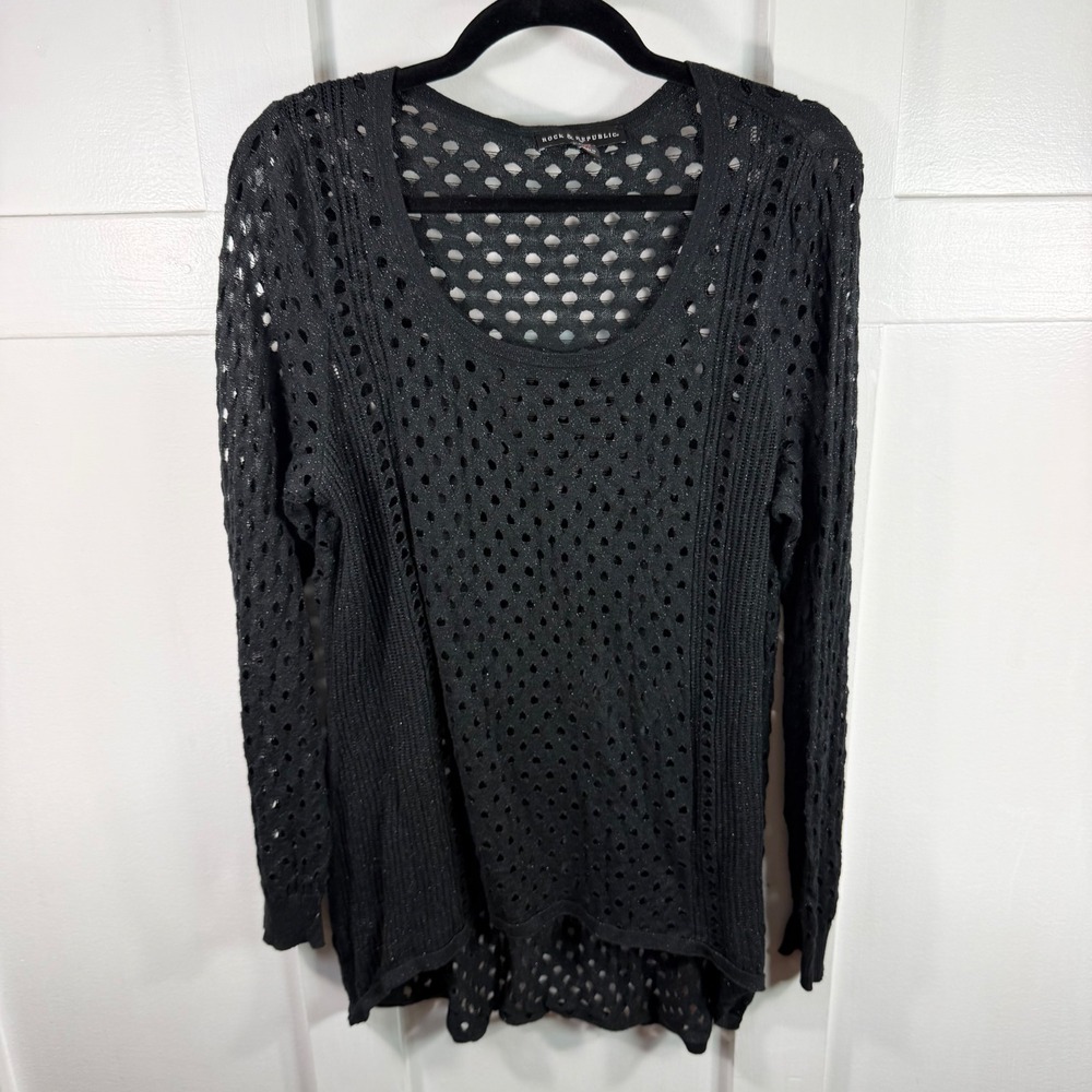 Rock & Republic Black Open Knit Chain Gang LS Shirt Scoop Neck